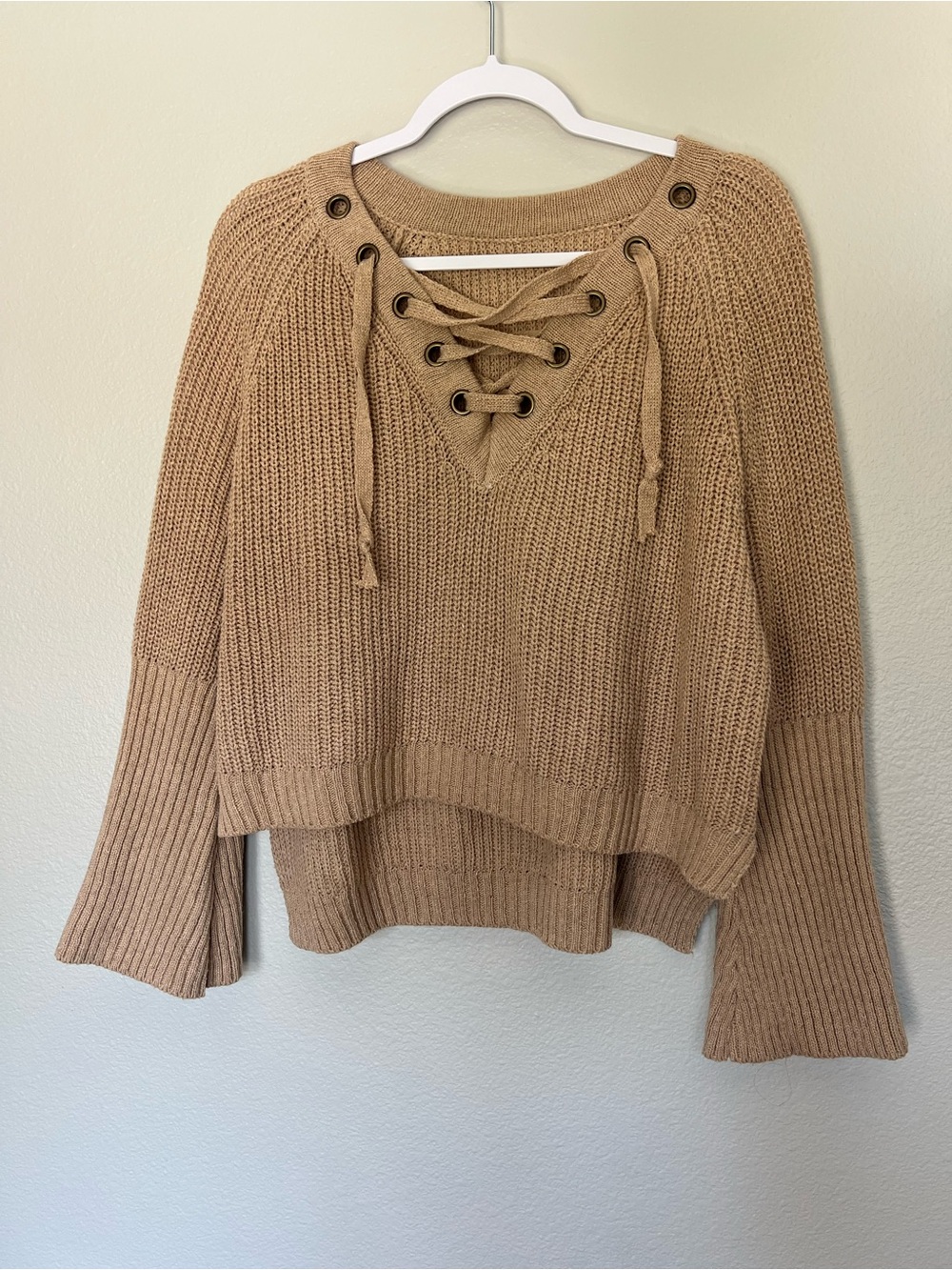 Lace-Up Knit Sweater in Camel